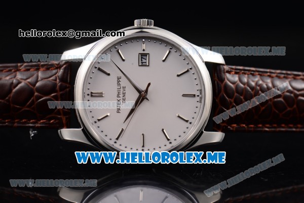 Patek Philippe Calatrava Miyota Quartz Steel Case with White Dial and Brown Leather Strap Stick Markers - Click Image to Close